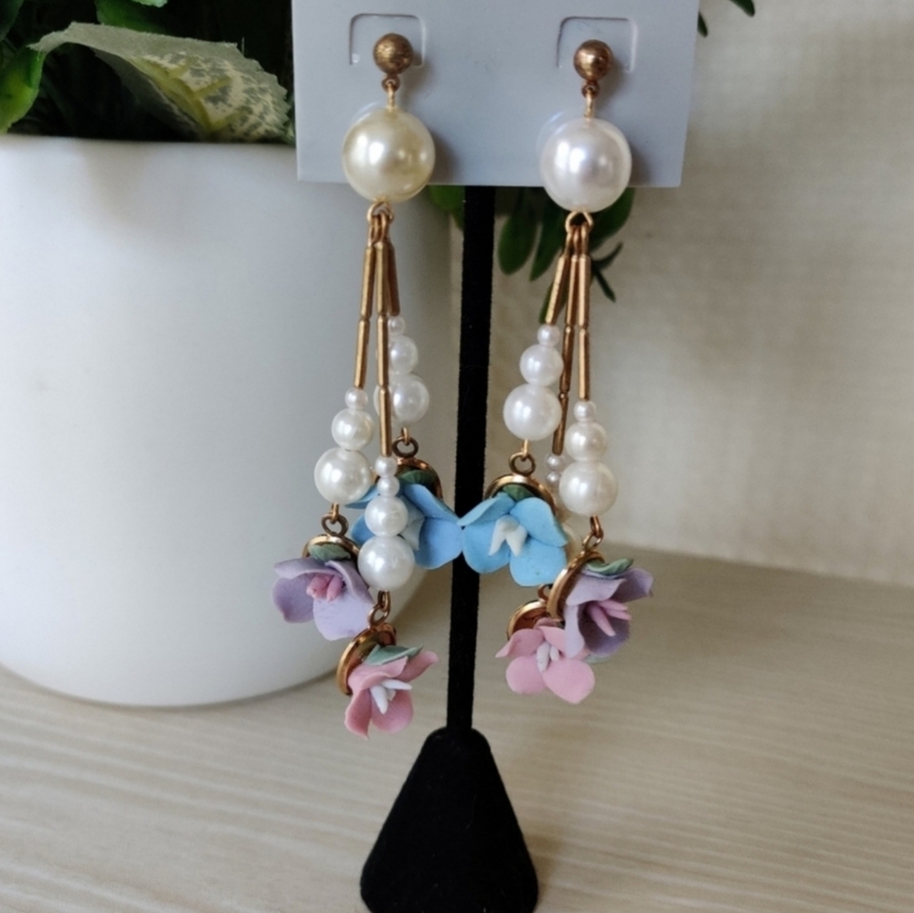 Vintage Faux Pearl and Delicate Clay Flower Drop Earrings